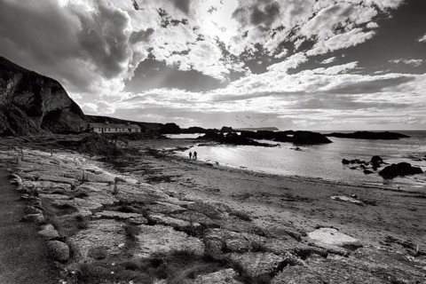 Coastline, rocky coast, monochrome, backlight, Ballintoy Harbour, Causeway Coastal Route, Antrim,
