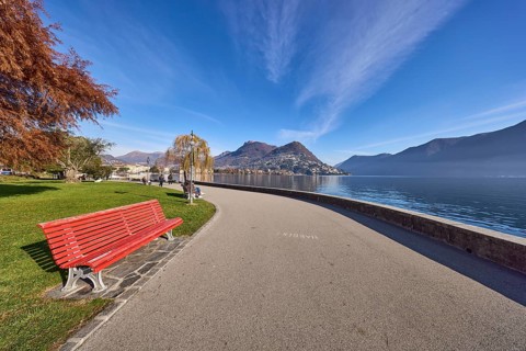 Belvedere garden, lakeside promenade, lake, lawn, trees, bench, hill, Lake Lugano, Lugano, Lugano