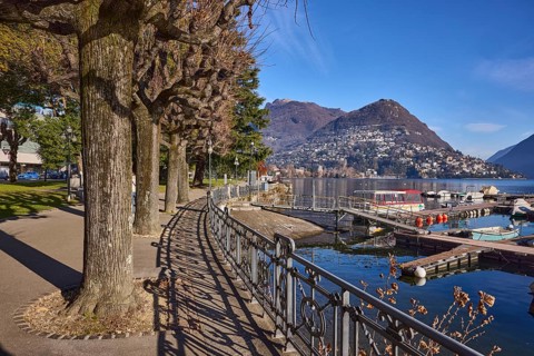 Lakeside promenade, railing with shade, trees, lake, mountains, blue sky, Lake Lugano, Lugano,