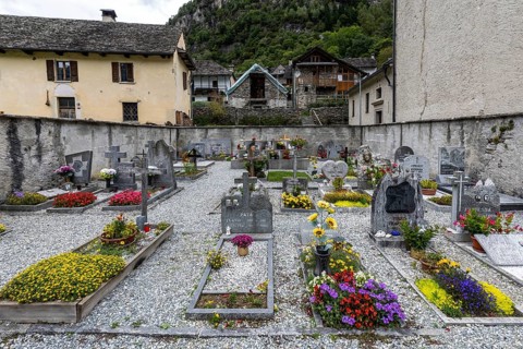 Cemetery in the village of Sonogno, Verzasca Valley, Valle Verzasca, Canton Ticino, Switzerland,