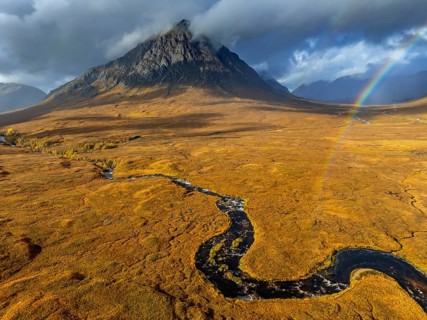 Morning light, cloudy mood, river, moor, mountain landscape, aerial view, rainbow, autumn, view of