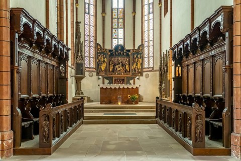 Choir and altar of the Protestant town church in Bad Wimpfen, Kraichgau, Baden-Württemberg,