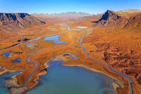 Lake, river, river delta, autumn colours, autumn, mountains, sunny, aerial view, Rapadalen, view of