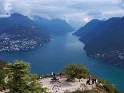 View of Lake Lugano from Monte San Salvatore, Lugano, Canton Ticino, Switzerland, Europe