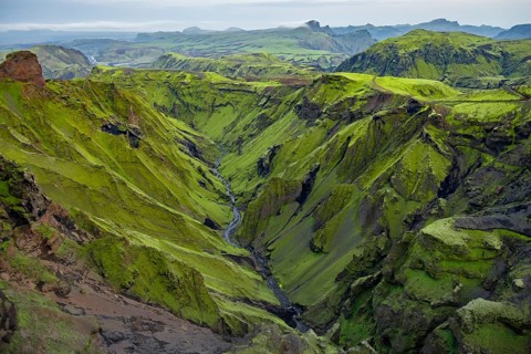 Canyon, moss-covered volcanic mountain landscape, Pakgil, Iceland, Europe