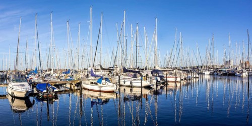 Marina harbour with sailboats yacht boats panorama at the Baltic Sea in Heiligenhafen, Germany,