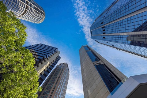 Australia scenic Sydney downtown skyline panorama and financial business center near Opera House.