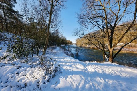 Marl, North Rhine-Westphalia, Germany - Sunny winter landscape in the Ruhr area, ice and snow on