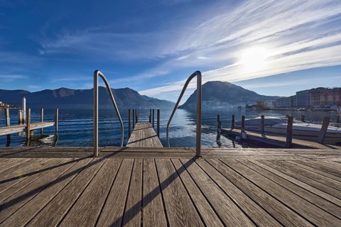 Jetty, wooden planks, stainless steel railing, frog perspective, lake, jetty, mountain landscape,