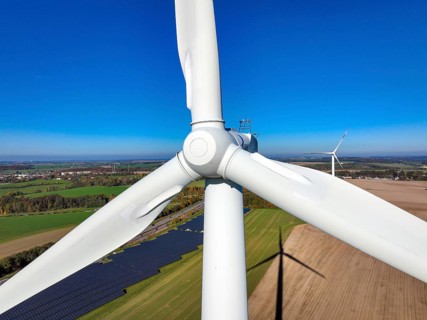 Glauchau, Saxony, Germany, Wind turbines, wind farm and solar farm on the A4 motorway near