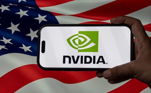 In this photo illustration, the Nvidia Corporation logo is displayed on an iPhone screen infront of