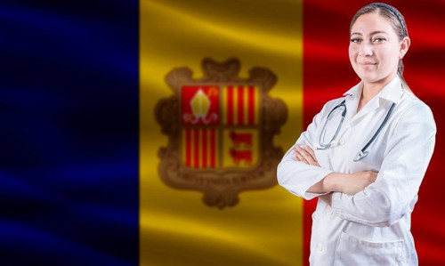 Female doctor on Andorra flag. Doctor with crossed arms on Andorra flag. Andorra Health and Care