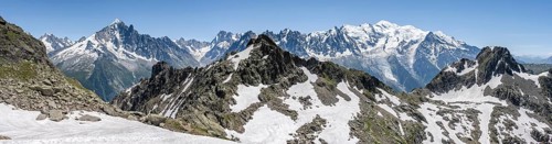 Mountain panorama, mountain peaks Aiguille Verte, Grandes Jorasses and Mont Blanc, Mont Blanc