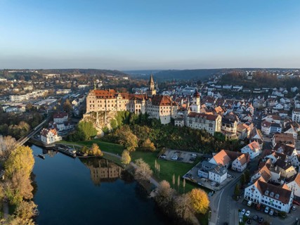 Aerial view of the town of Sigmaringen with the Hohenzollern Castle, a sight and tourist attraction
