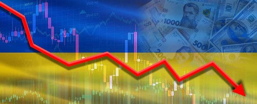 Financial fall of Ukraine on economy market. Ukraine financial crisis on economic graph