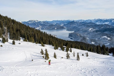 Ski tourers climbing Simetsberg, view of Walchensee, Estergebirge, Bavarian Prealps, Bavaria