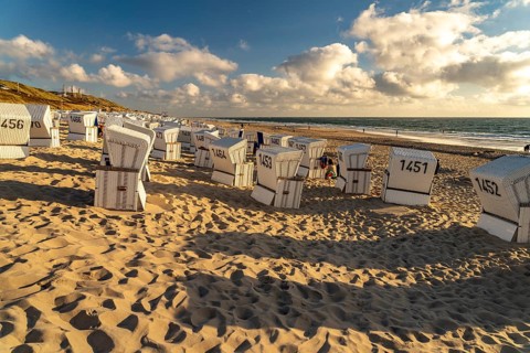 Beach chairs on the west beach near Westerland, Sylt island, North Friesland district,