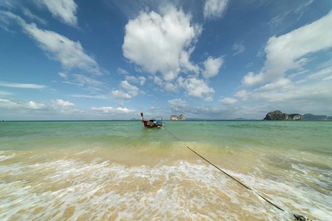 Longtail boat on the beach, Koh Ngai Island, Andaman Sea, Satun Province, Southern Thailand,