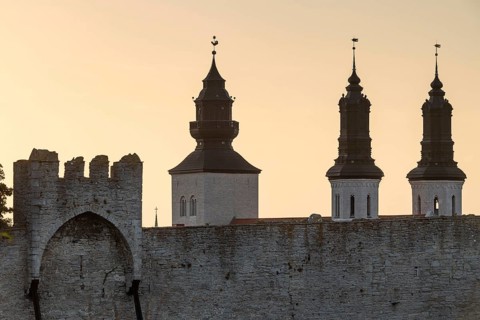 Historic city wall and cathedral towers, Hanseatic city of Visby, UNESCO World Heritage Site,