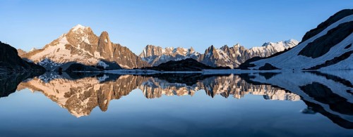Mountain landscape in the evening light, water reflection in Lac Blanc, mountain peak, Aiguille