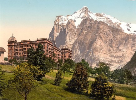 Grindelwald, View of Hotel Bären and Wetterhorn, Bernese Oberland, Switzerland, Historic, digitally