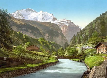 Jungfrau und Lauterbrunnen, Bernese Oberland, Switzerland, Historic, digitally restored