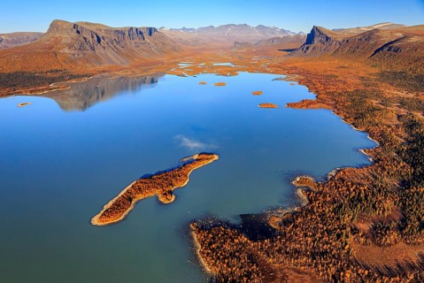 Lake, river, river delta, autumn colours, autumn, mountains, sunny, aerial view, Rapadalen, view of