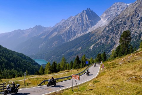 Pass road with a view of Lake Antholz, Staller Sattel, between the Antholz Valley, South Tyrol
