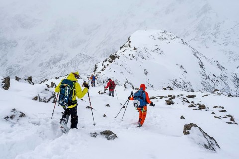 Kit tourers on the summit of the Köllkuppe or Cima Marmota, snow-covered mountain landscape, Ortler