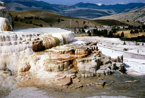 Mammoth Hot Springs terrace formation with the national park headquarters, Yellowstone, Wyoming,