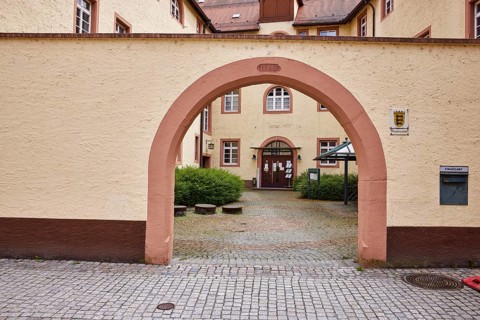 Tax office Offenburg branch office Wolfach, castle, entrance, through arch, main street, Wolfach,