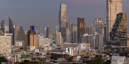 Panorama from the viewing platform of the Iconsiam of the skyscrapers, hotels and the Bang Rak