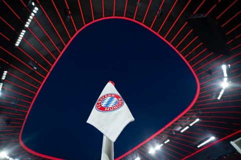 Corner flag logo FC Bayern Munich FCB, roof construction, stadium, interior, illuminated, blue
