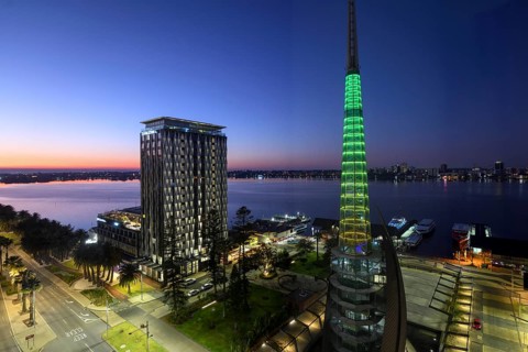 View of the Swan River from the city centre, blue hour, Perth, State of Western Australia,
