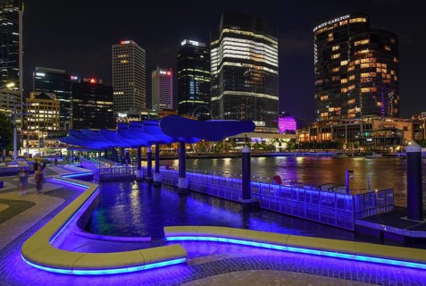 Skyline at Elisabeth Quay, blue hour, blue hour, harbour, Perth, State of Western Australia,