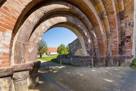Romanesque portal as historical entrance to Altzella Monastery, Nossen, Saxony, Germany, Europe