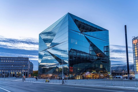 The modern Cube Berlin office building on Washingtonplatz at dusk, Berlin, Germany, Europe