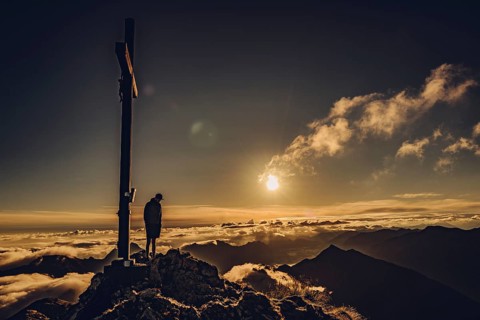 Sunrise hike on the Hochplatte in the Ammergau Alps, Ammergebirge in the Allgäu, Bavaria, Germany,