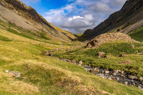 River landscape at Honister Pass in the Lake District, England, Great Britain