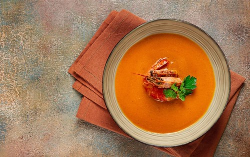 Shrimp cream soup, bisque soup, French cuisine, homemade, no people