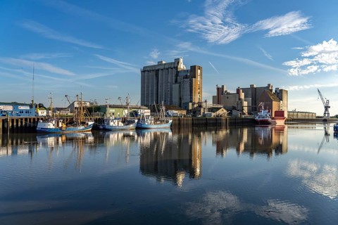 Cutter in the harbour in Husum, Nordfriesland district, Schleswig-Holstein, Germany, Europe