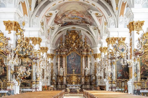 Interior of the Studienkirche Mariä Himmelfahrt in Dillingen an der Donau, Bavaria, Germany, Europe