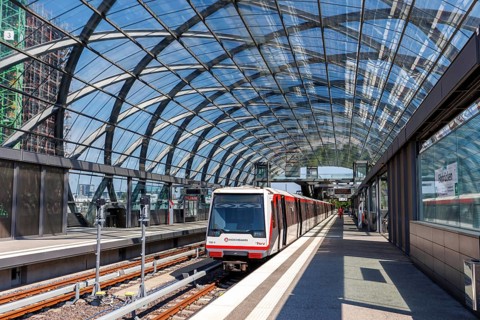Hochbahn metro train line U4 railway at Elbbrücken station in Hamburg, Germany, Europe