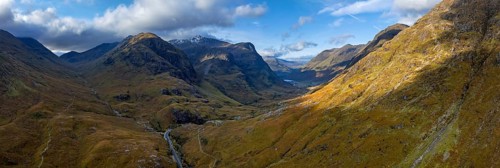 Cloudy mood, morning light, road, valley, mountains, aerial view, panorama, autumn, Glencoe, Three