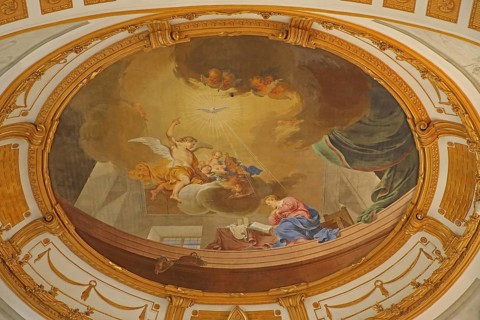 Ceiling fresco Annunciation of the Lord to Mary by Januarius Zick 1783, Rococo, angel, rays of