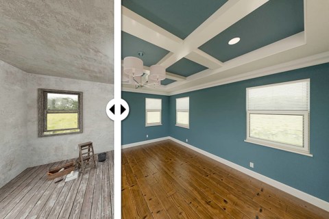 Before and after slider comparing the unfinished condition and the completed dark teal painted and