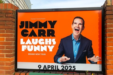Poster advertising Jimmy Carr 'Laughs Funny' new tour event performance 9 April 2025, Ipswich,