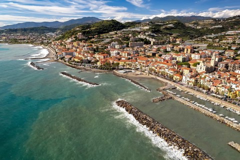 Aerial view of the town and harbour of Riva Ligure, Riviera di Ponente, Liguria, Italy, Europe