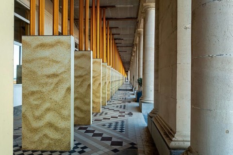 Renovation works of the Royal Galleries, Koninklijke Gaanderijen, neoclassical arcade at seaside