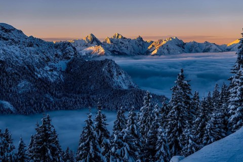 Sunrise snow tour on the Tegelberg in the Allgäu in Bavaria. Winter Wonder Land, Germany, Europe